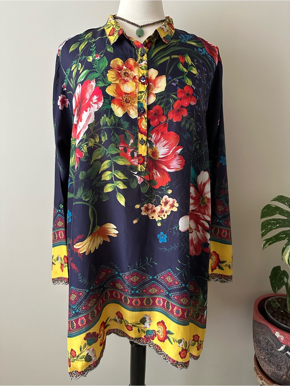 Johnny Was Long-Sleeve Floral Tunic with Yellow Trim
